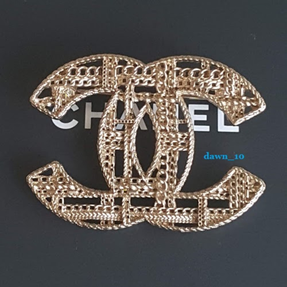 Chanel Tweed Chain Brooch, Light Gold.